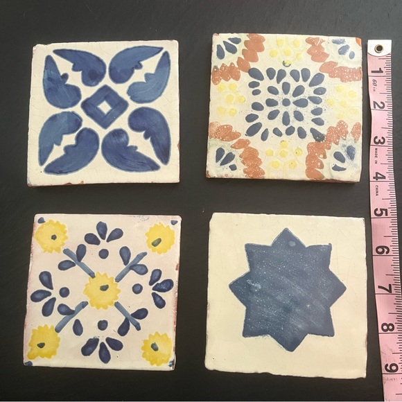 Mexican Hand Painted Terra-Cotta Talavera Vintage Tiles Set of 4 - Picture 2 of 11